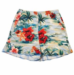 Zara Tropical Coastal Hibiscus & Palm Ruffle Hem Side Zip Woven Stretch Shorts